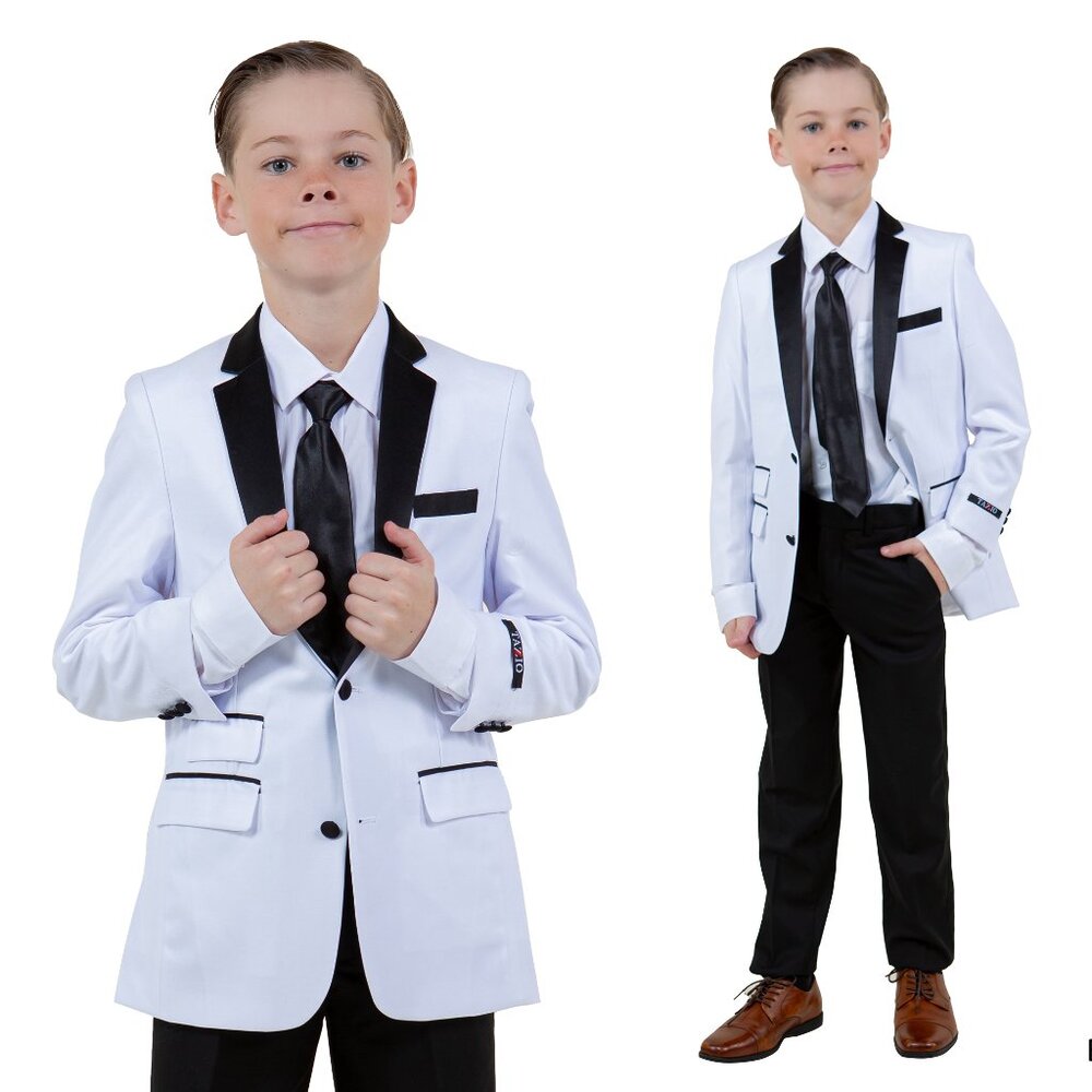 Boys 4pc White Suit Set Slim-Fit w/ Tuxedo Look by Tazzio